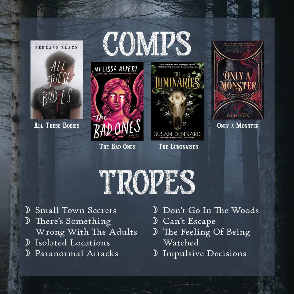 Comps from left to right, All These Bodies, The Bad Ones, The Luminaries, and Only a Monster
Tropes
- Small Town Secrets
- There's something wrong with the adults
- Isolated locations
- Paranormal Attacks
- Don't go into the woods
- Can't escape
- The feeling of being watched
- Impulsive decisions