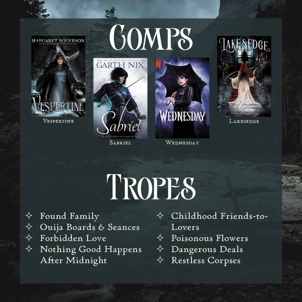 Comps from left to right, Vespertine, Sabriel, Wednesday, Lakesegde
Tropes
Found Family
Ouija Boards & Seances
Forbidden Love
Nothing Good Happens After Midnight
Childhood Friends-to-Lovers
Poisonous Flowers
Dangerous Deals
Restless Corpses